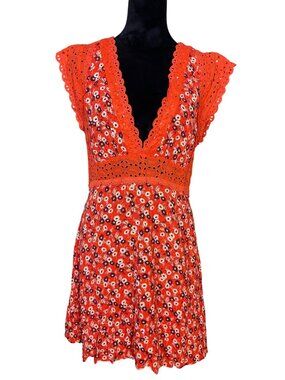 Free People Orange Floral Lace Trim Mini Dress Size 10 Boho
